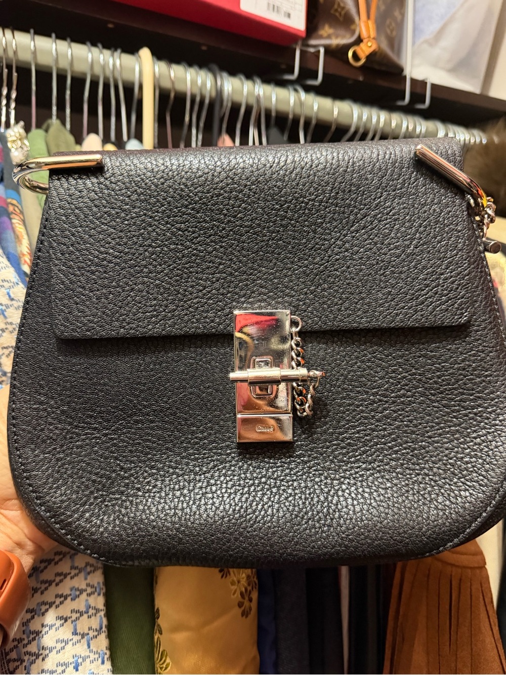 Chloe Leather Drew in Black Pebbled Leather Crossbody with Silver-Tone Lock